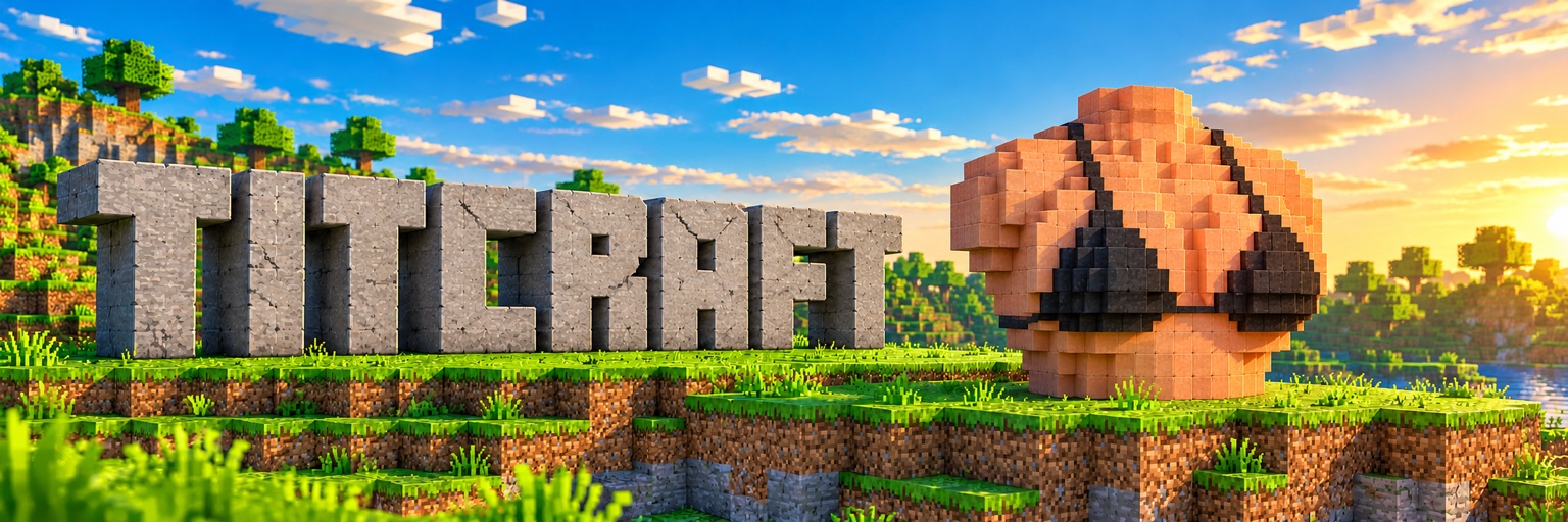 TITCRAFT stone lettering, bright green voxel landscape and the black-bra voxel mascot